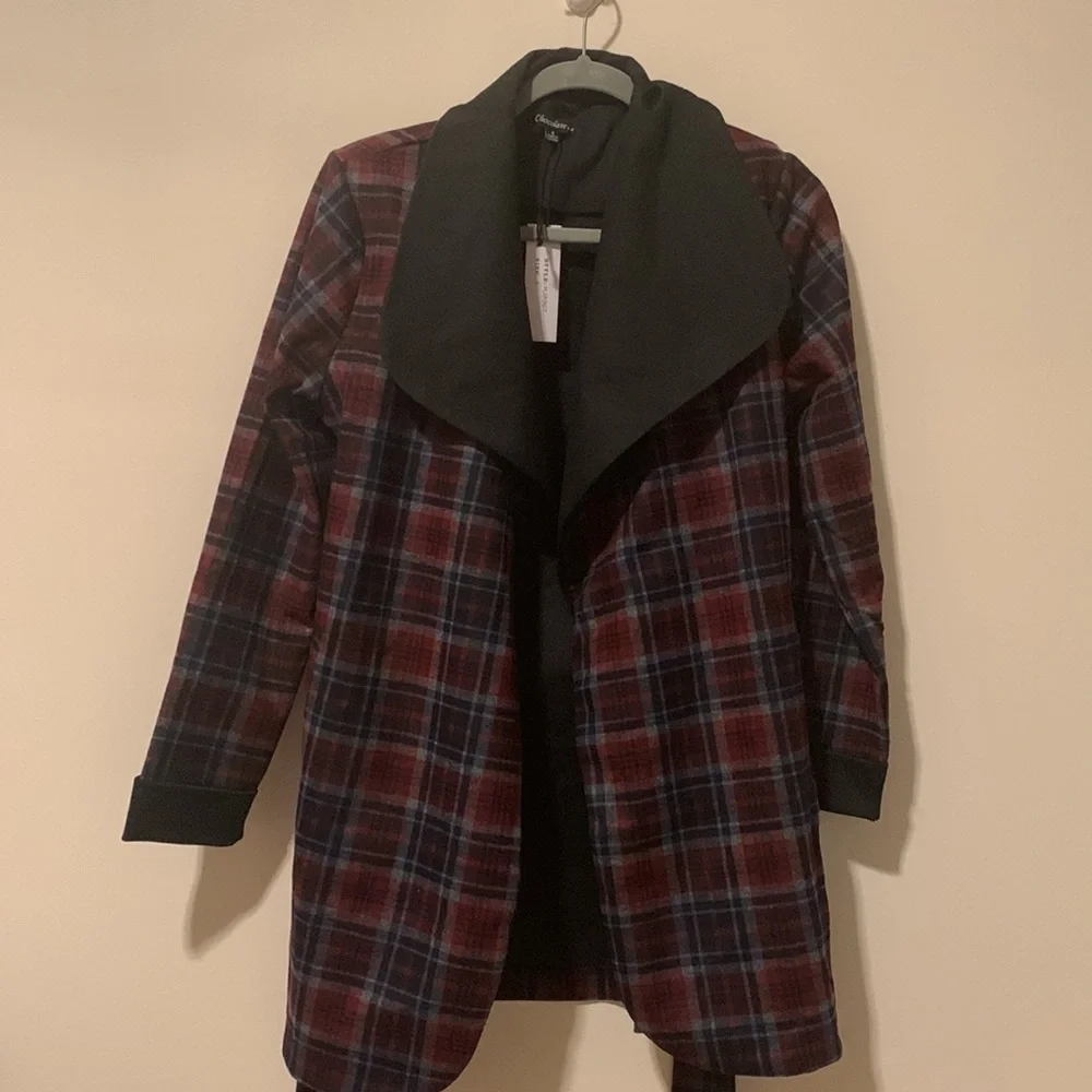 LAST 1️⃣🔴⚫️BLACK BURGUNDY CHECKERED TRENCH JACKET⚫️🔴 - Picture 9 of 10